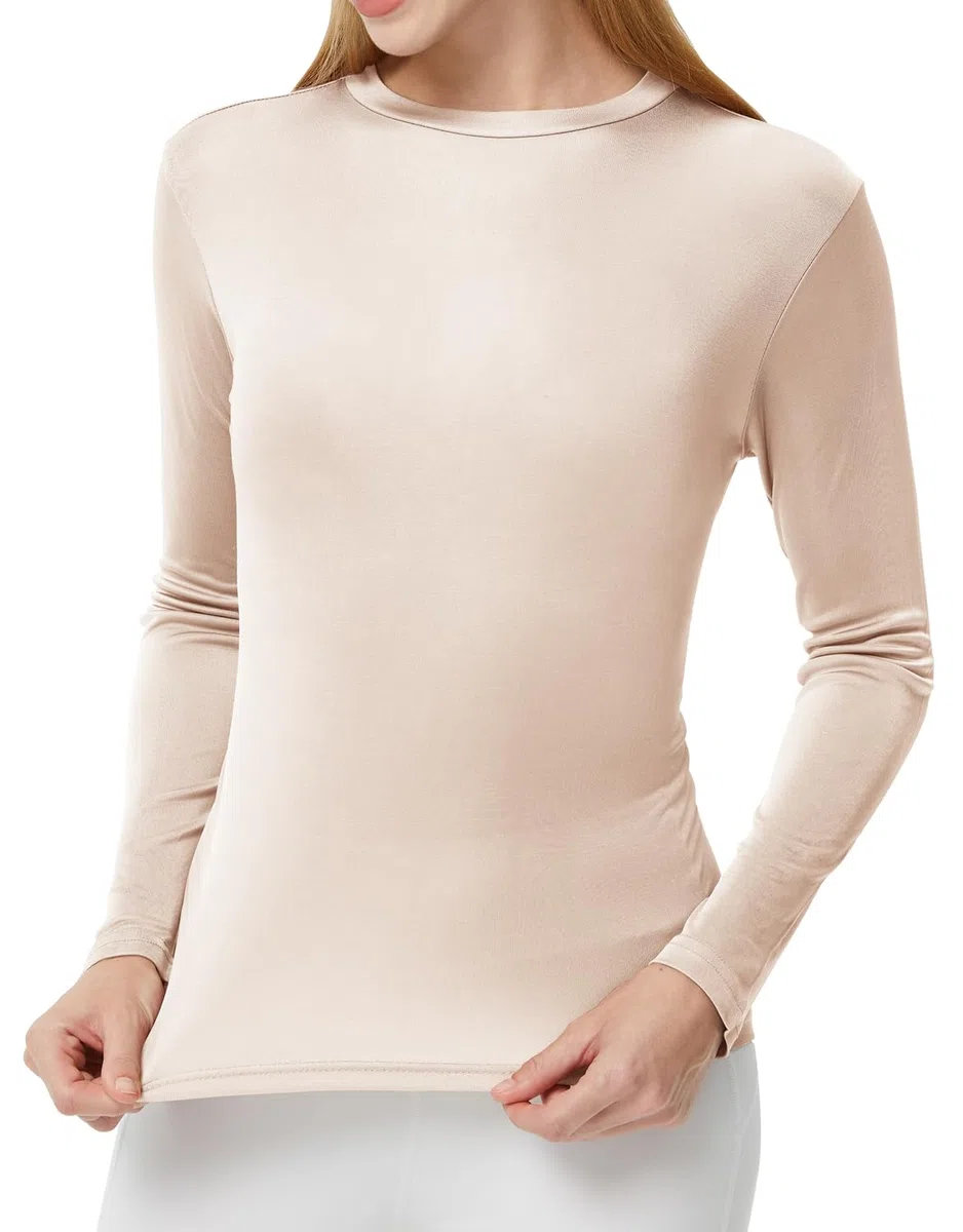 Camisetas térmicas de seda de morera para mujer, ropa interior de manga larga, cuello redondo, capa base de seda, blusa sin botones