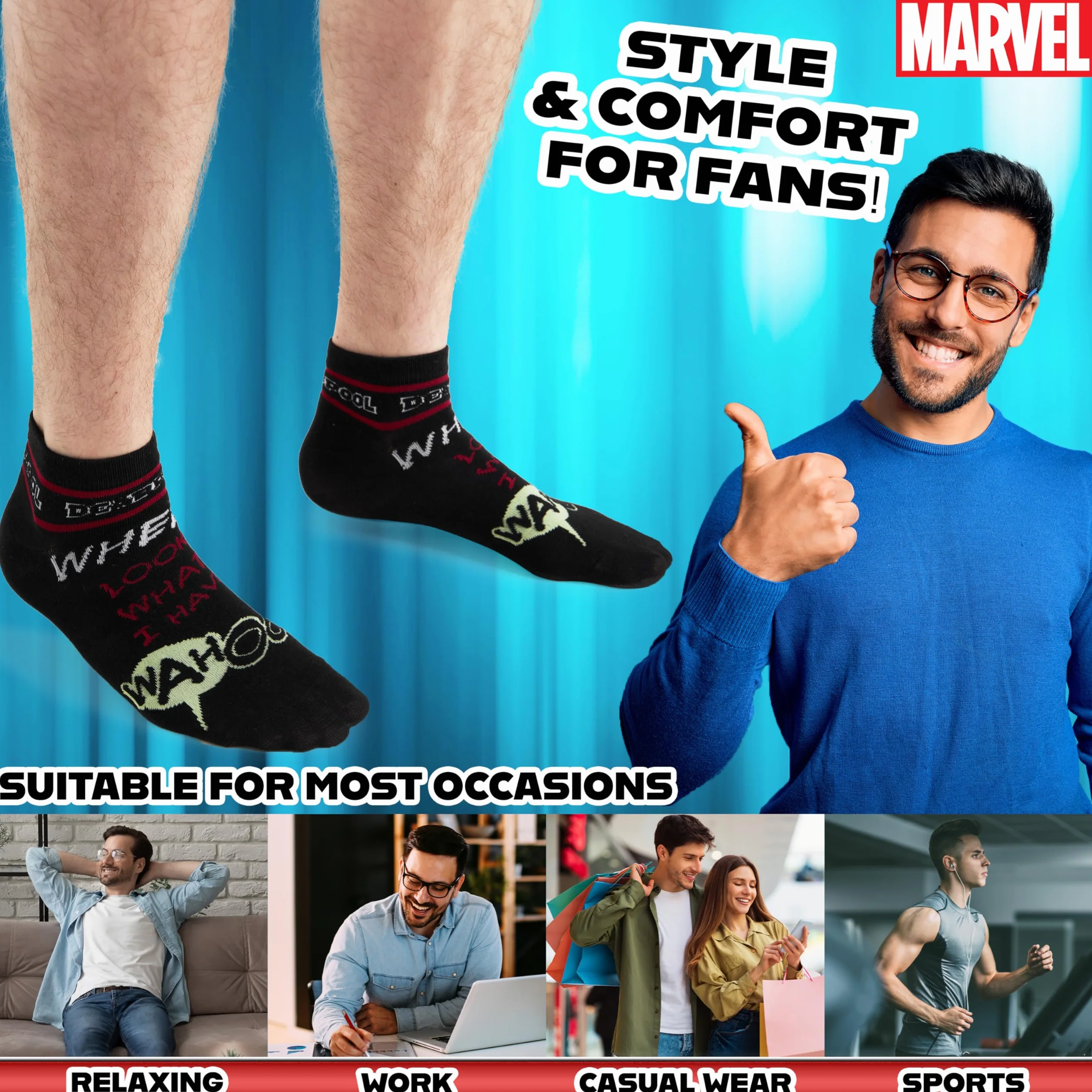 Marvel Calcetines Tobilleros Hombre Talla 40–45, Pack De 5 Transpirables, Regalo Para Fans De Superhéroes