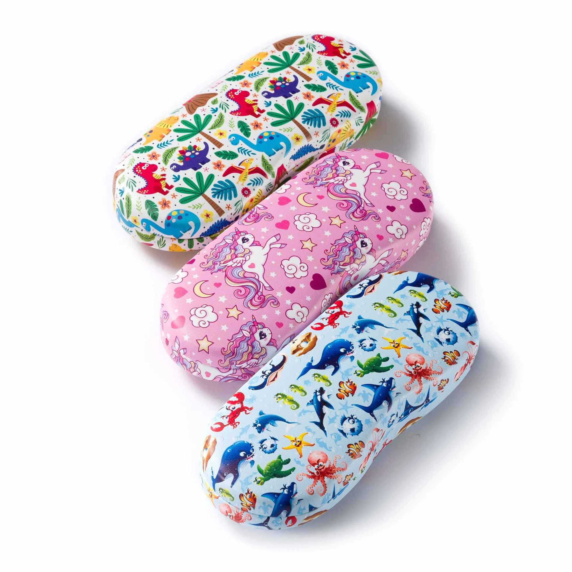 FEFI - Estuche para gafas para niños (carcasa rígida) con motivos divertidos - Incluye paño de limpieza para gafas/paño de microfibra, dino, M