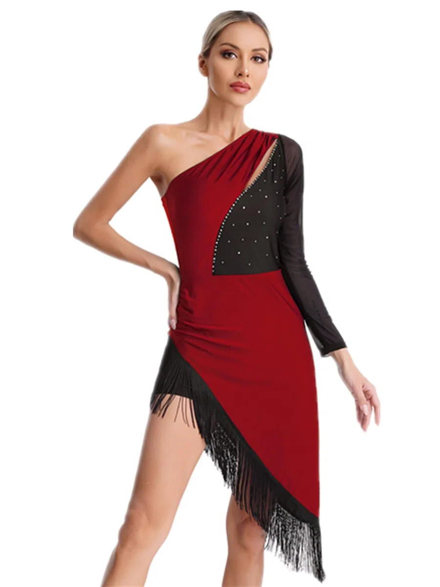 Alvivi Vestido de Patinaje Artístico para Mujer Vestido de Baile Latino Salsa con Leggings Cortos Elásticos Vestido Asimétrico de Manga Larga con Flecos S-XXL