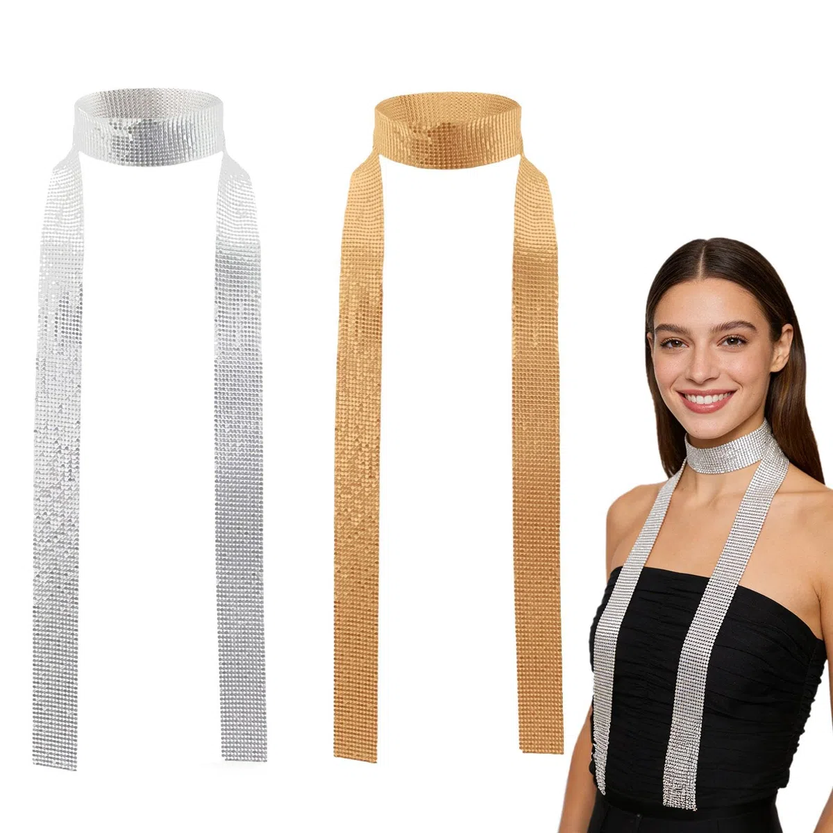 2 Piezas Plata Oro Rosa Pañuelo de Metal Brillante con Lentejuelas para Mujer, Pañuelo Carnaval Fiesta Festivales Bufanda Corbata Decorativo Delgado Disfraces de Discoteca para Cosplay