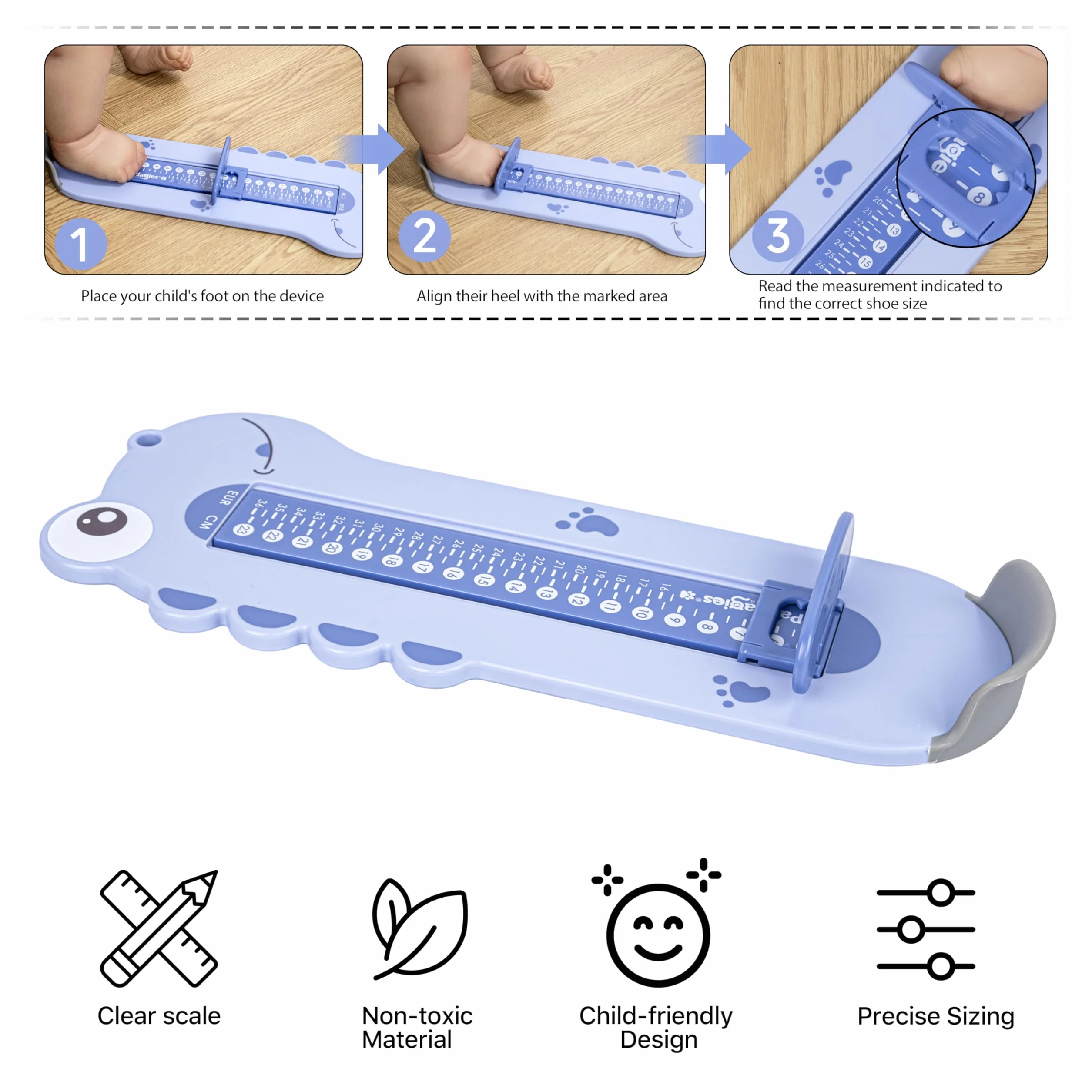 Pedímetro para bebés y niños - Tallas 0 a 35 - Medidor de pies para determinar la talla de bebés y niños Pedímetro para bebés (azul)