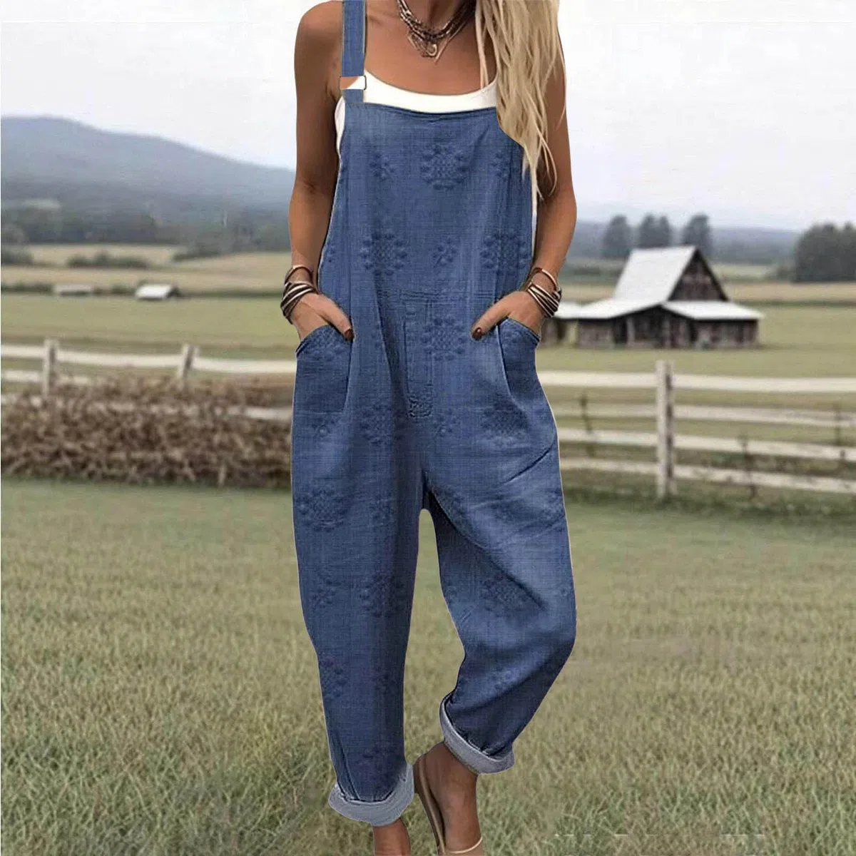 Petos mono largo mujer verano tejido algodón y estampado floral artístico sin mangas peto holgado pernera ancha con bolsillos prácticos correas ajustables corte suelto para playa vacaciones y rutina