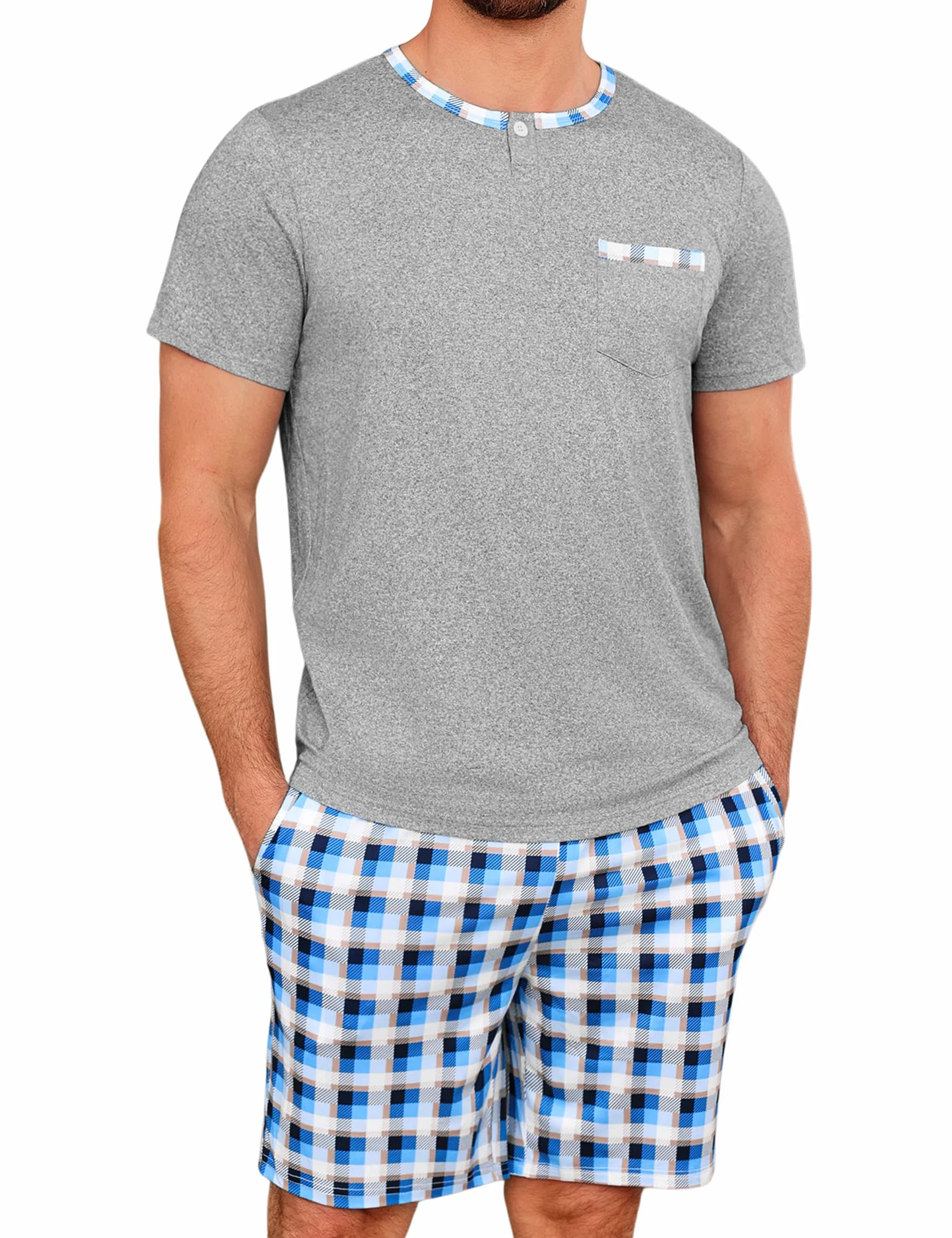 Pijama Hombre Algodon Conjunto de Pijama Corto con Pantalón Corto a Cuadros Pijamas Verano con Bolsillos Ligero Suave y Cómodo para Casa