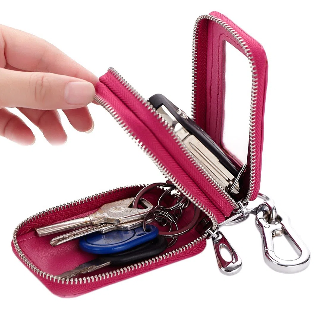 Funda Unisex de piel con cremallera para llaves de coche rosa hot pink