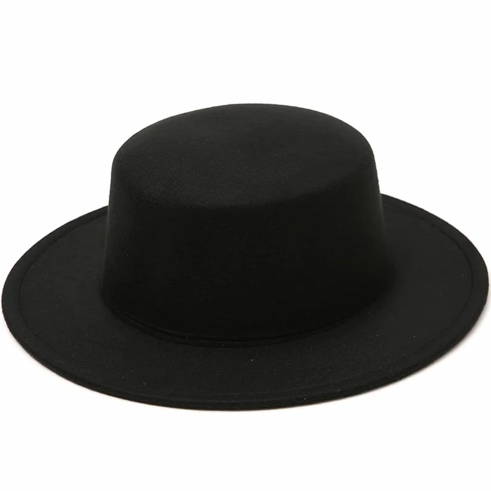 QUUPY Sombrero Fedora negro de mezcla de lana con ala plana Gorra de bolos estilo panamá sombrero de jazz para boda Talento Performance Unisex