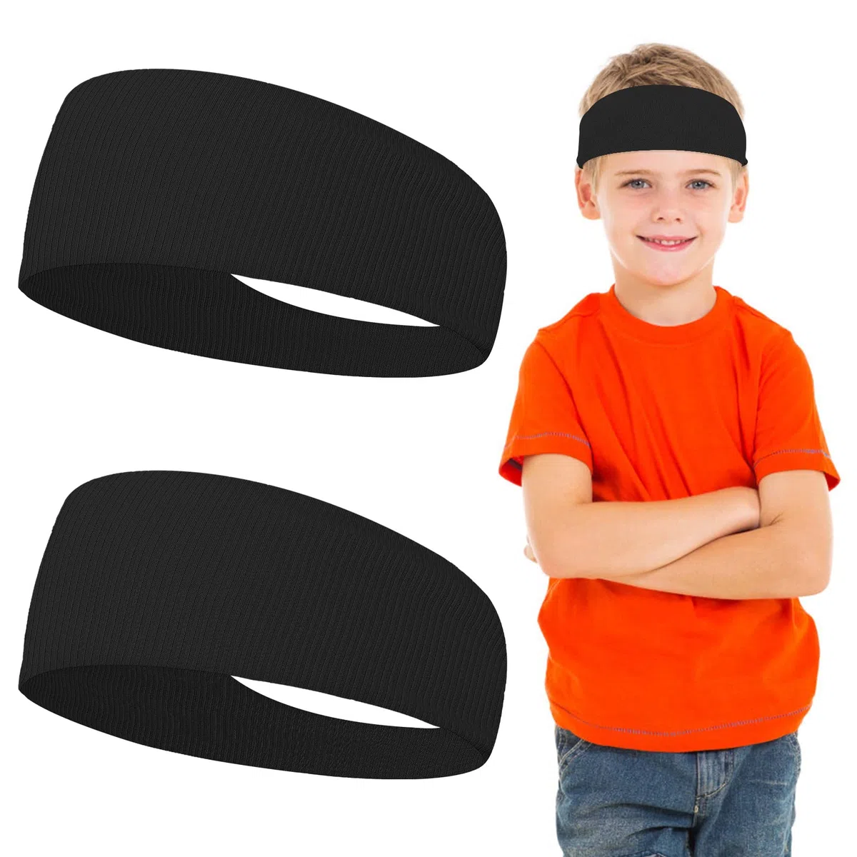 WLLHYF 2Pcs Sports Headbands Kids Athletic Sweatbands Elastic Breathable Wicking Hairband Football Headbands Sweat Absorbing Workout Headbands for Youth Boys Girls Basketball Running Exercise