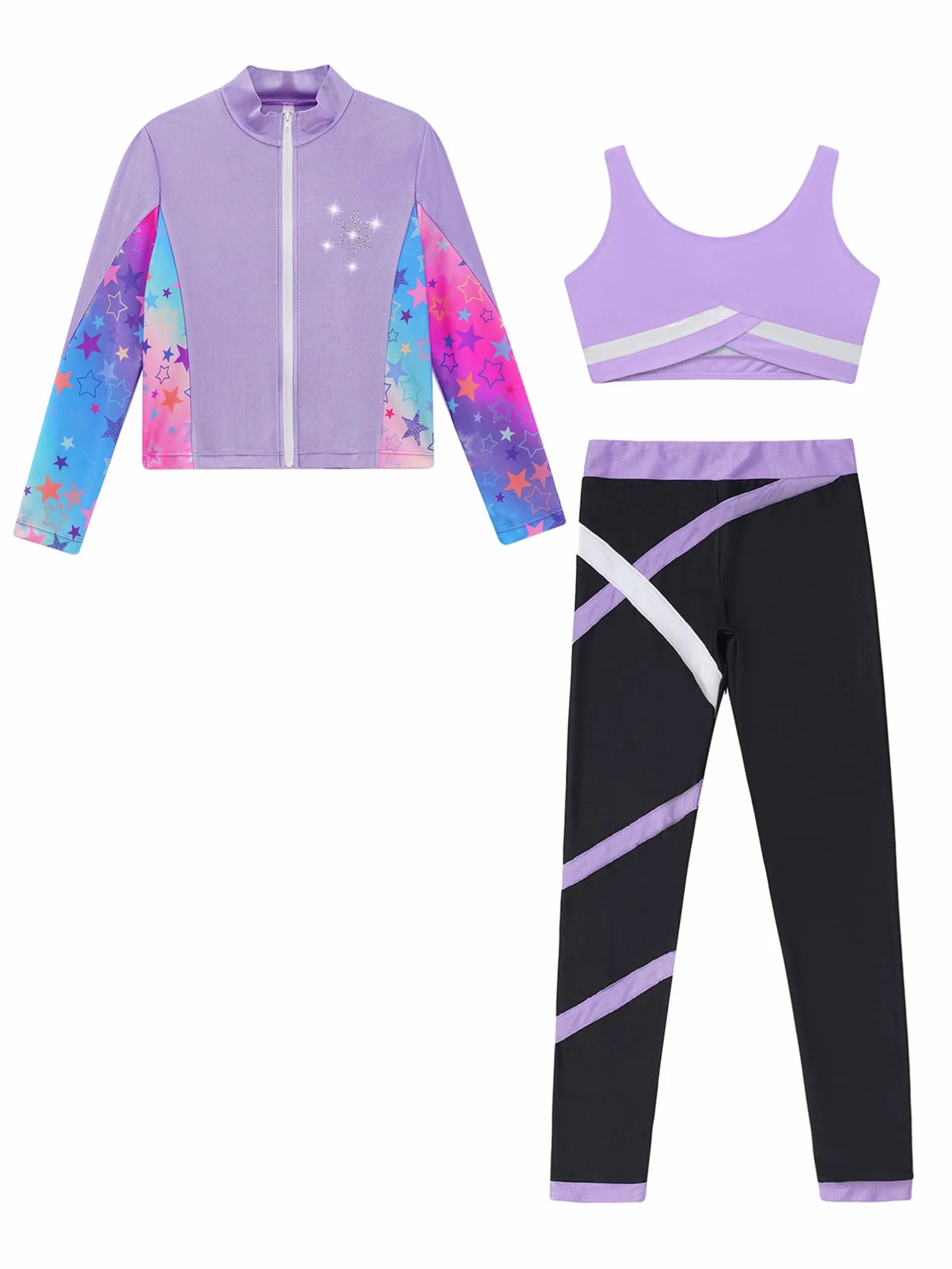 TiaoBug Conjunto Deportivo Para Niñas Chaqueta Manga Larga + Chaleco Sin Mangas + Leggings Traje De Gimnasia Rítmica Entrenamiento