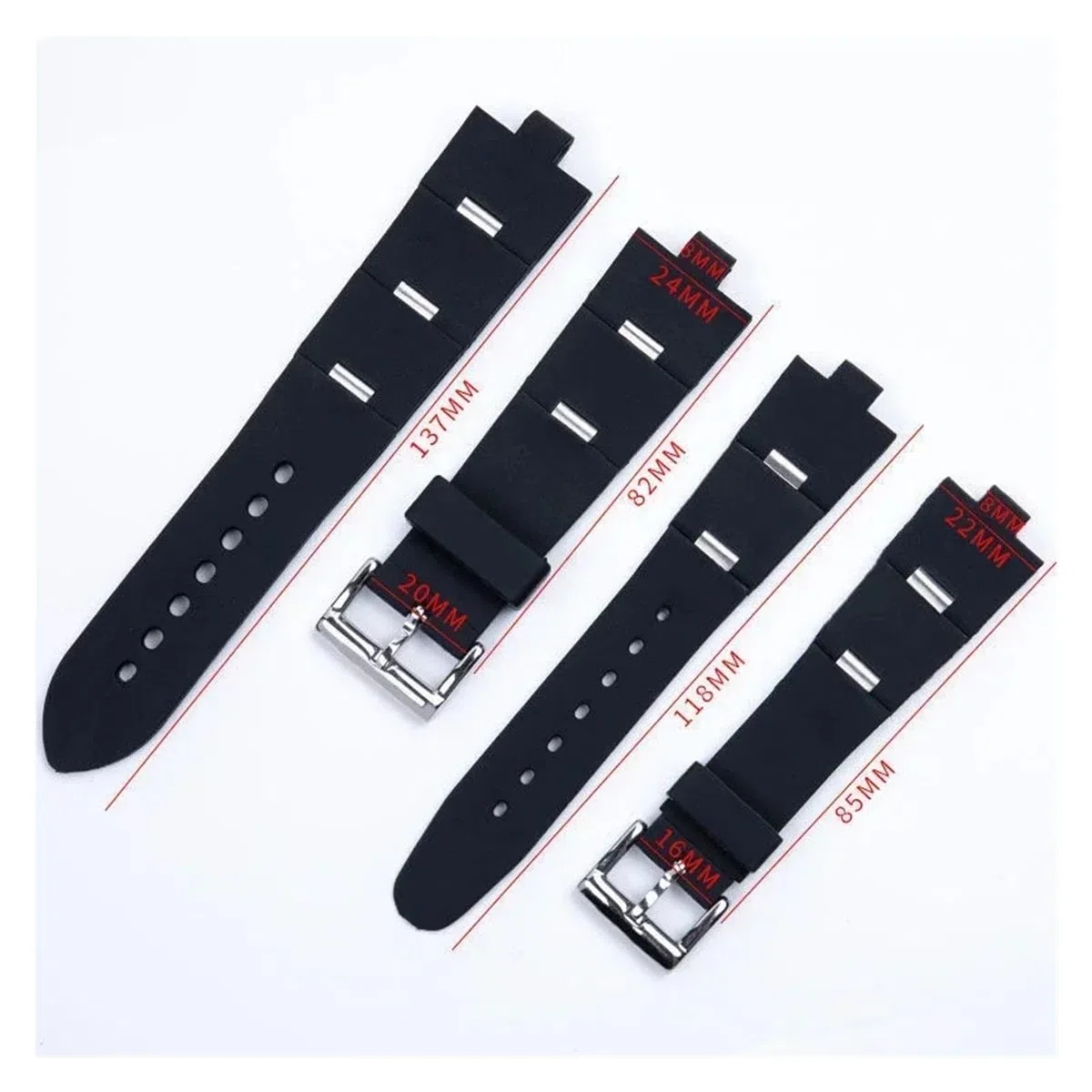 Correa de reloj goma compatible con Bulgari, correa silicona convexa 22 x 8 mm y 24, negra for mujer