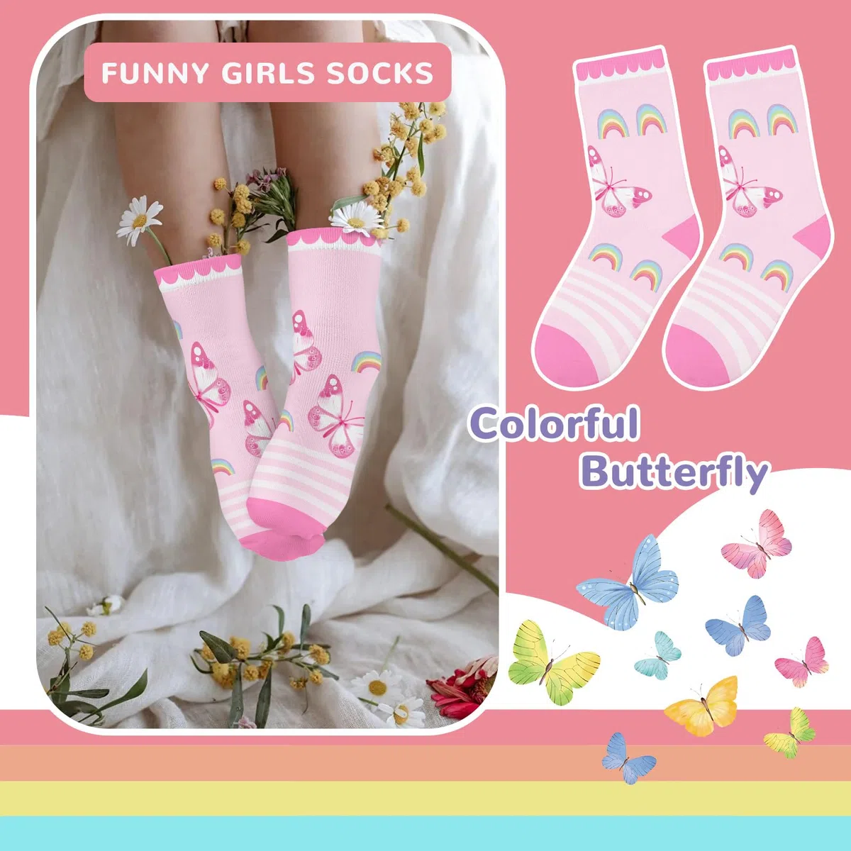 6 Pares Calcetines Niñas Infantiles con Patrones Coloridos Lindas Mariposas y Rayas de Arco Iris Calcetín Crew Tobilleros Suaves Regalos 3-14 años Tamaño 26-38