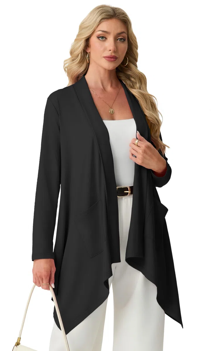 GRECERELLE Cárdigan ligero para mujer sin botones, elegante de verano, manga larga, cárdigan, cárdigan, informal, abrigo de punto con bolsillo, dobladillo alto y bajo