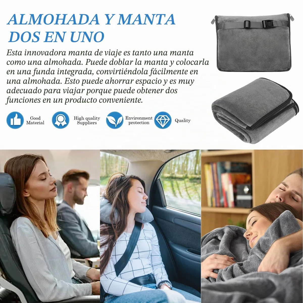 Manta de Viaje 2 en 1 para Avión - Cojín Transformable, Portátil, Ultraligera y Cálida - Con Fijación para Maleta - Ideal para Oficina y Negocios - Gris, 152 x 127 cm