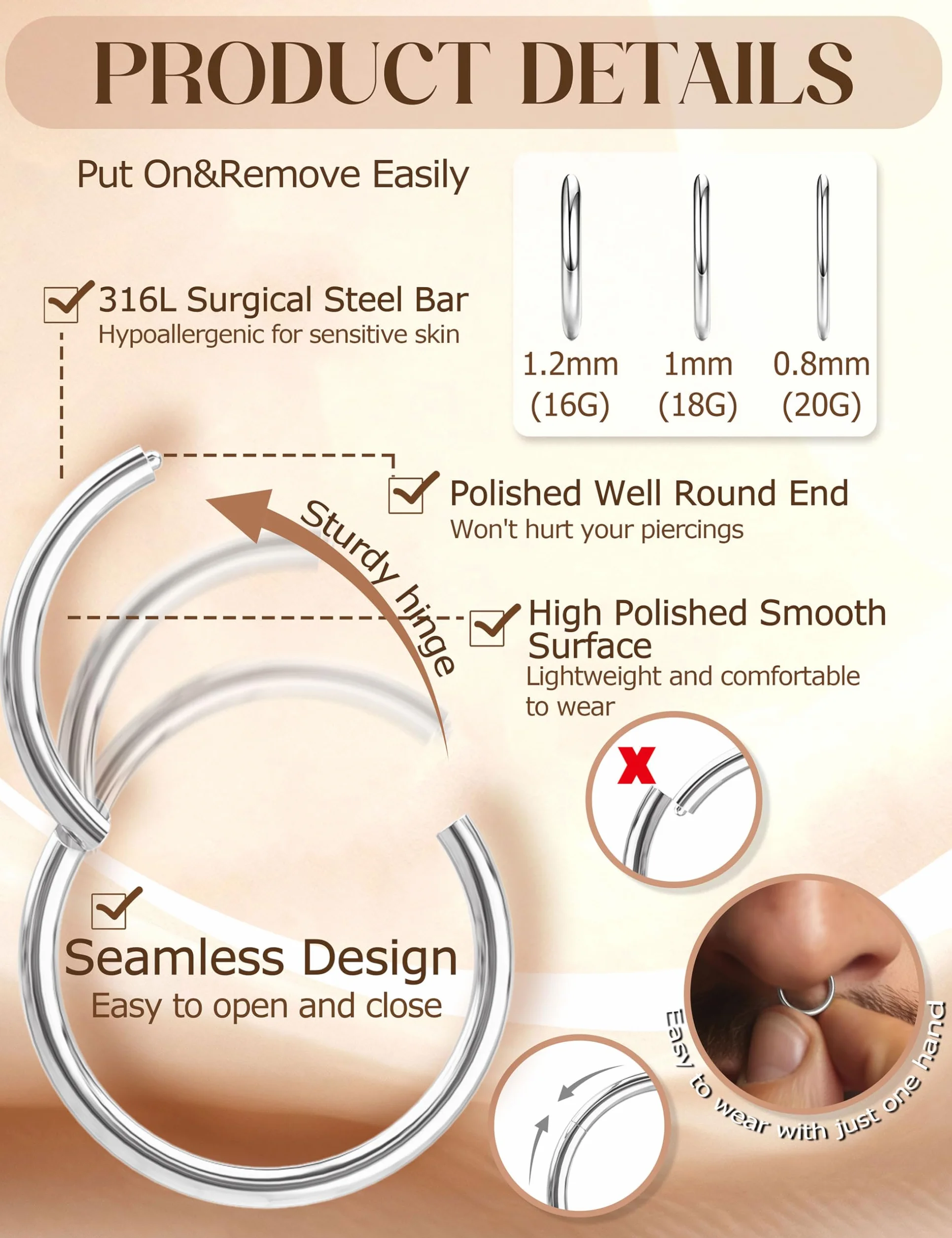 Piercing Nariz Aro Acero Quirurgico Para Mujer Hombre,HipoalergéNico Clicker Piercing Oreja Helix Tragus Septum Daith CartíLago 16/18/20G,Hinged Segmento Pendientes Aro Acero Inoxidable 6mm/8mm/10mm