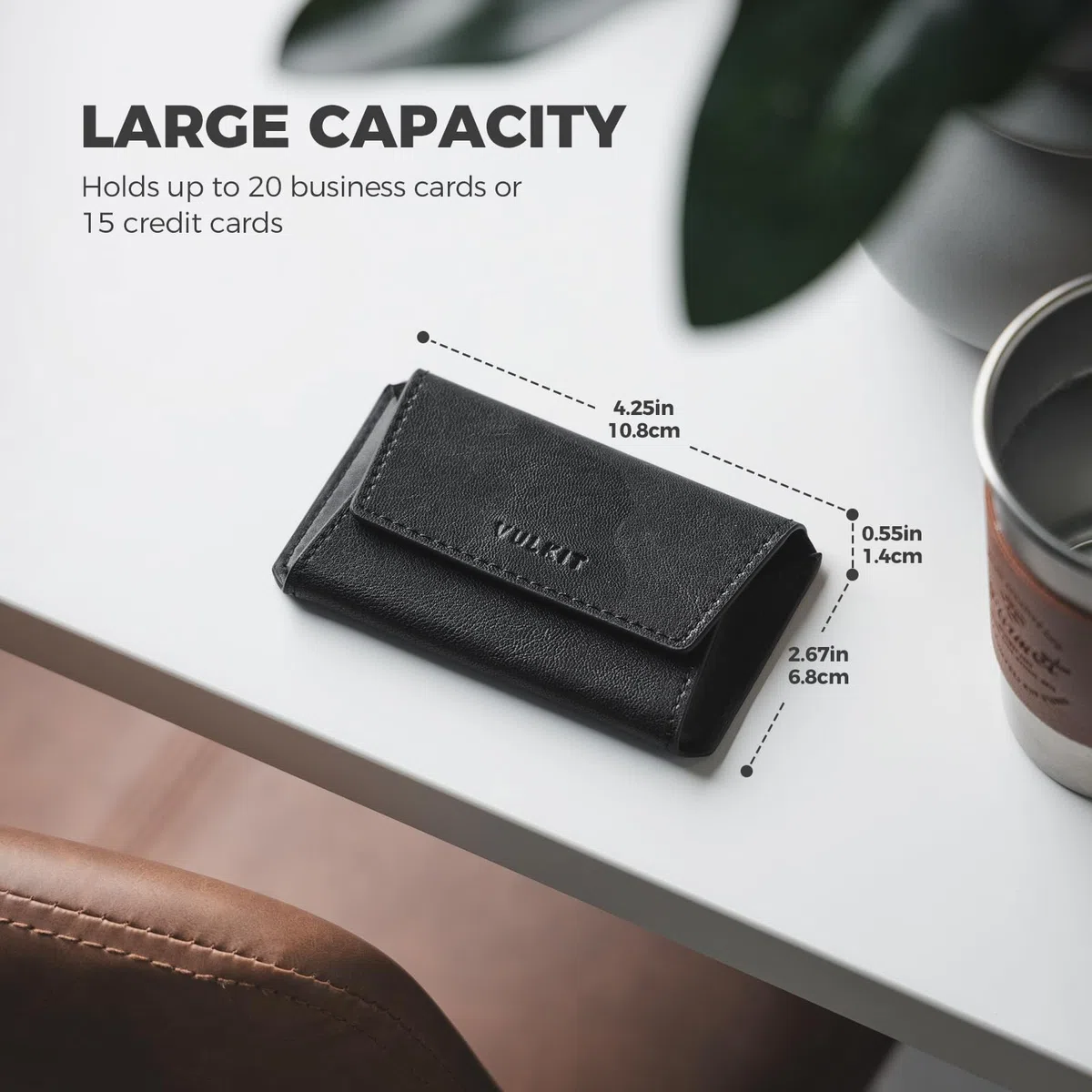 VULKIT Funda de cuero para tarjetas de visita para hombre, bolsillo delgado, para tarjetas de visita, con capacidad para 20 tarjetas de visita, Negro, Slim