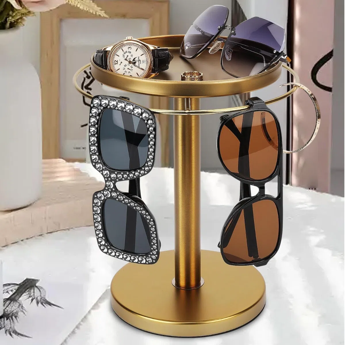 Organizador giratorio para gafas de sol, rotación de 360 grados, organizador de almacenamiento de joyas, diseño innovador, organización sin esfuerzo de 24 cm para relojes, pulseras, anillos
