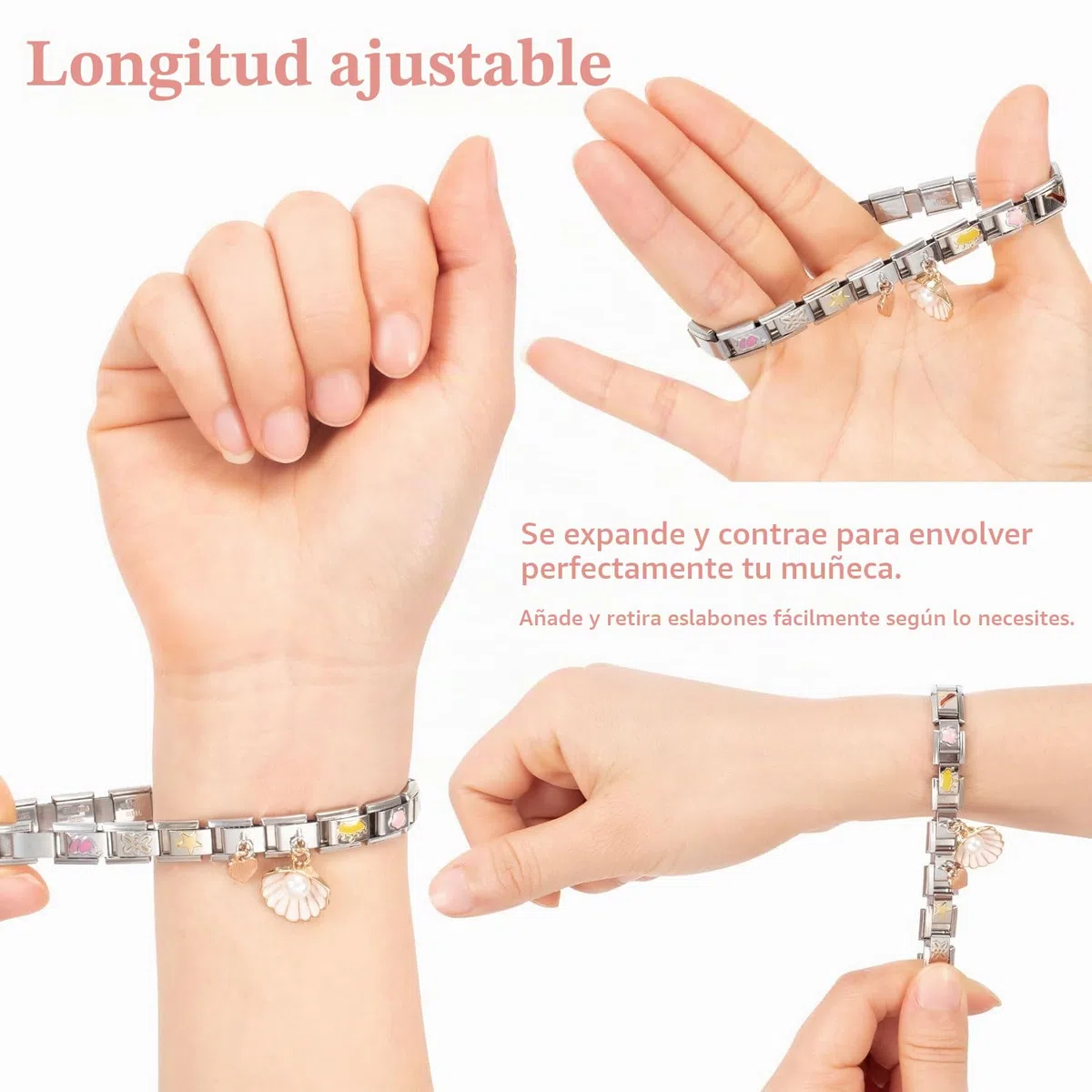 Pulsera italiana con 8 colgantes italianos con herramientas de apertura, módulos extraíbles de 9 mm para pulseras italianas, de acero inoxidable italiano para mujer