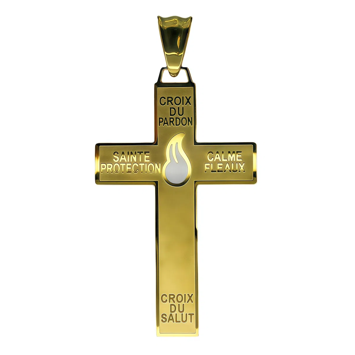 Católica Marie Julie Jahenny de Benedicción con protección Cruz de perdón con llama esmaltada blanca, cruz santa del perdón, crucifijo de acero inoxidable, cruz del perdón, cruz del perdón en acero