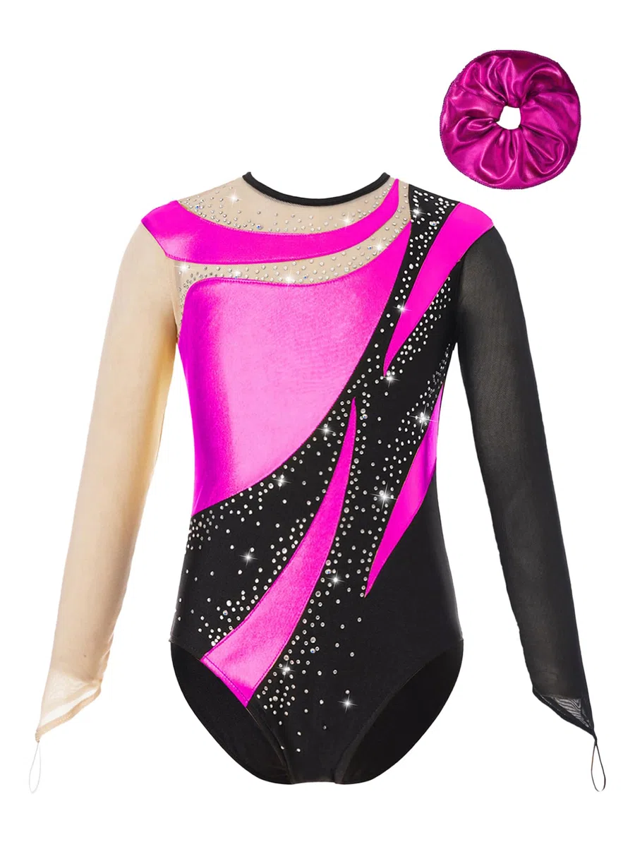 Alvivi Traje de Gimnasia Ritmica Maillot Niña Manga Larga con Diadema Body Brillante de Baile Maillot Competicion Patinaje Disfraz Bailarina Ballet
