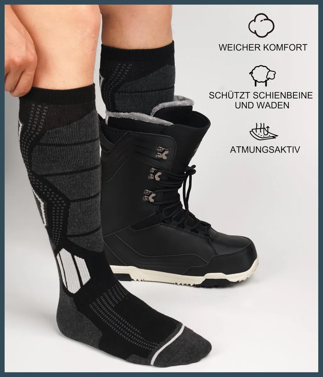 YESWEL Calcetas de esquí para hombres y mujeres de lana merino, 2 pares, calcetas térmicas cálidas, calcetas gruesas de felpa negras para deporte