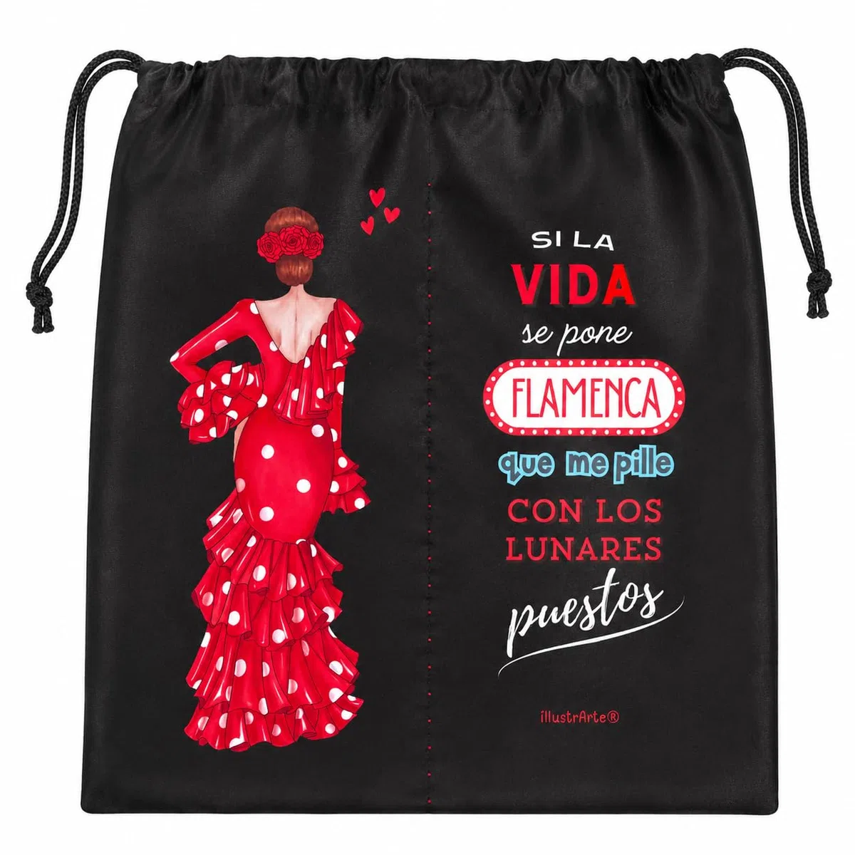 Bolsa para Zapatos Flamenca Macarena illustrArte – 40 x 40 cm – con Cordón de Cierre y Doble Compartimento – Separador para Cada Zapato – Bolsa de Viaje para Calzado