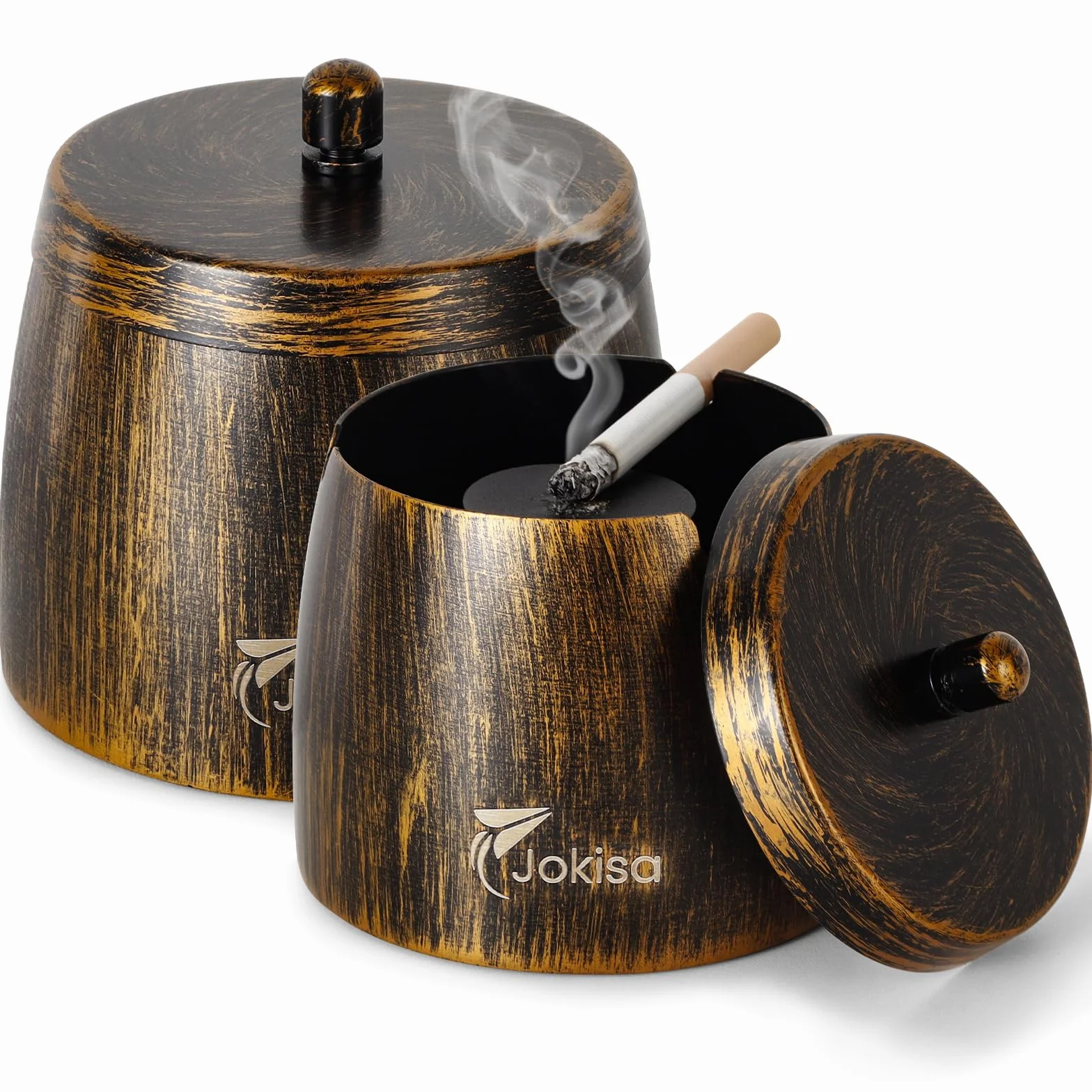 Set de 2 Ceniceros de Exterior, Cenicero Retro de Acero Inoxidable con Tapa para Interior y Exterior, Cenicero de Viento con Base Antideslizante para Bar de Jardín y Balcón (L)