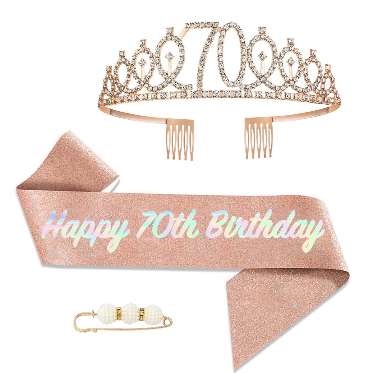 POPOYU Banda y Tiara de Reina de 70 Cumpleaños, Corona y Banda de Oro Rosa de 70 Cumpleaños para Ella, Decoraciones de Fiesta de 70 Cumpleaños para Mujeres, Accesorios de Fiesta, Conjunto de Disfraz