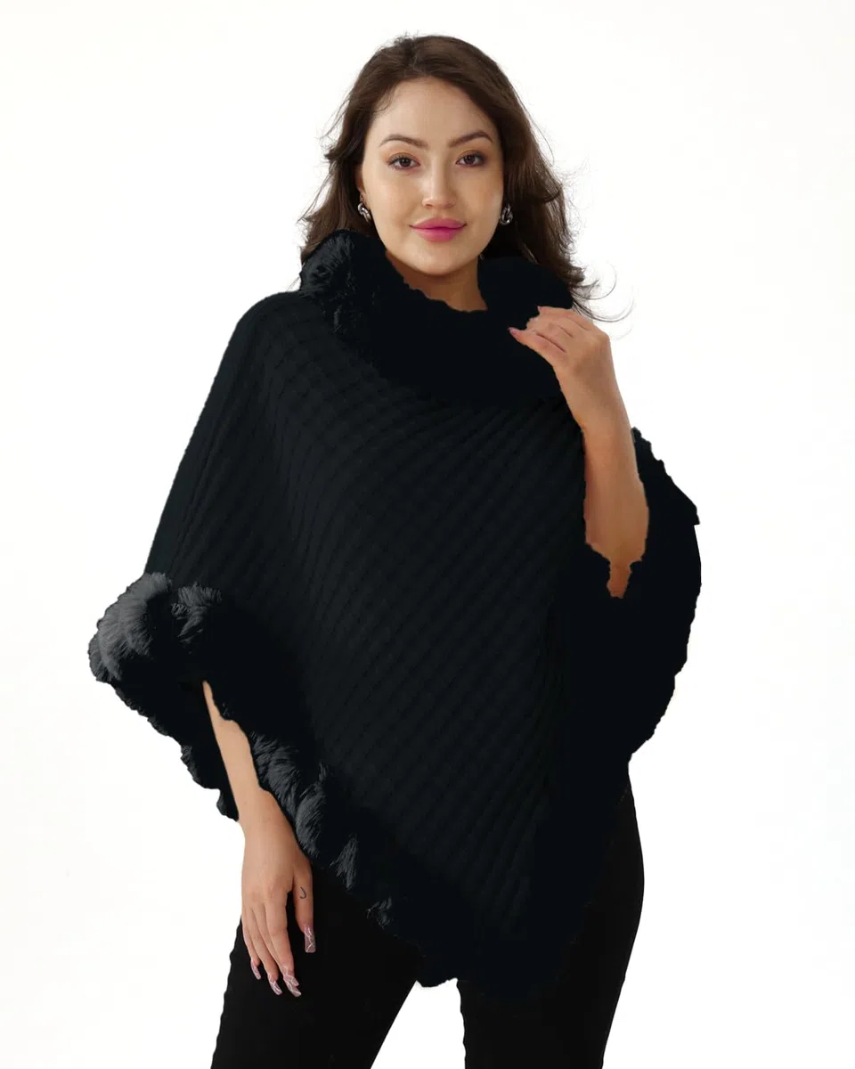 Poncho de Punto para Mujer Capa Invierno Térmica con Piel Sintética Cálido Elegante Chal con Cuello Redondo