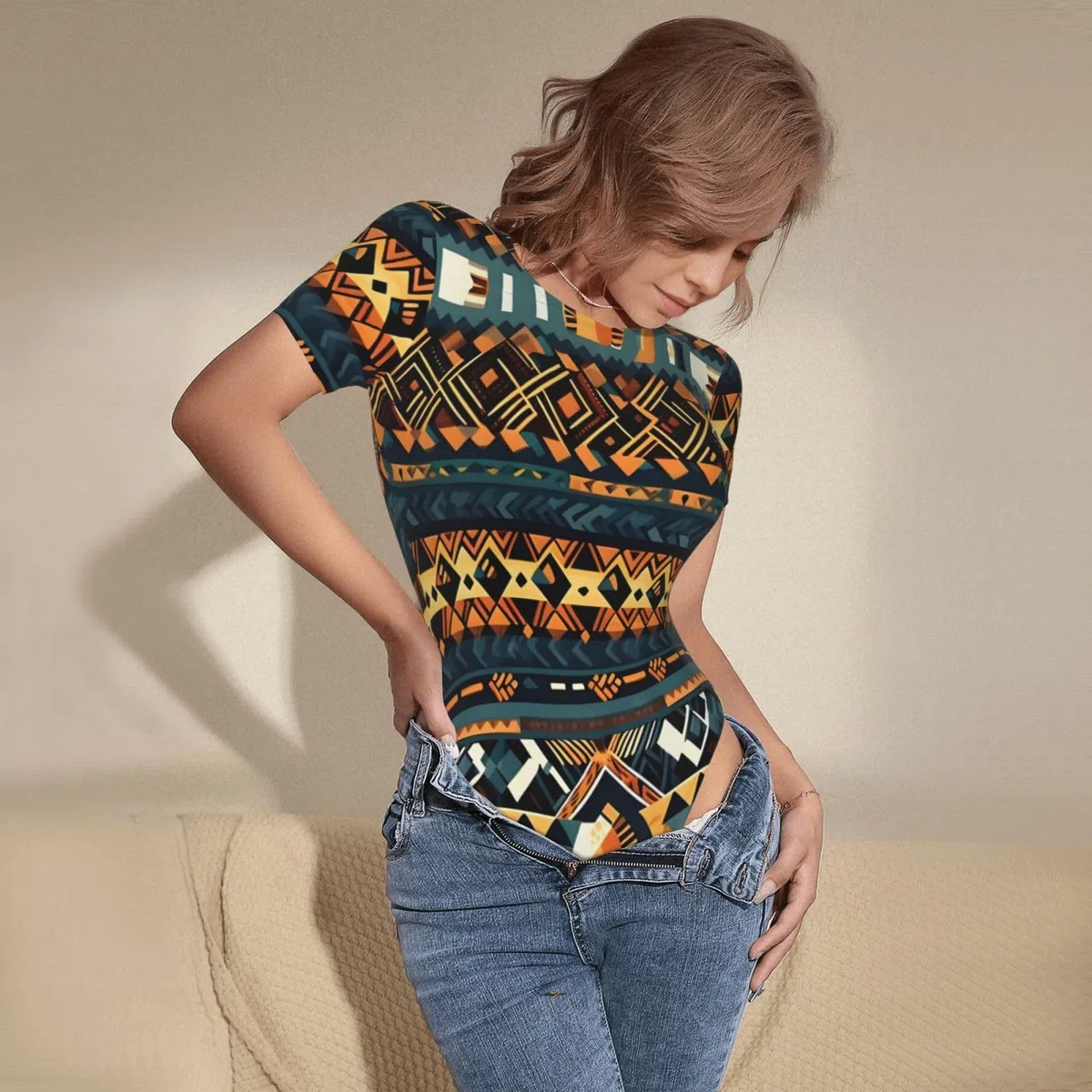 Body de manga corta para mujer, diseño tribal africano étnico, suave, elástico, cuello redondo, entrepierna a presión, parte superior versátil para jeans, faldas, pantalones, uso diario