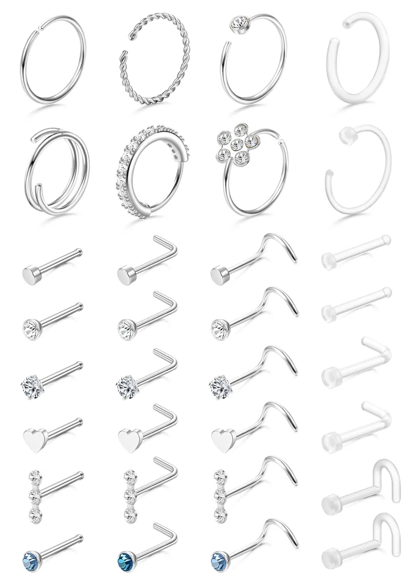 Diamday 32 Piezas Piercing Nariz Mujer Hombre Acero Quirúrgico Hipoalergénico Clavo Nasal Transparente de Acrílico Forma L Recta y Espiral Piercing Nostril Hélice Trago Joyería Corporal 18G 20G