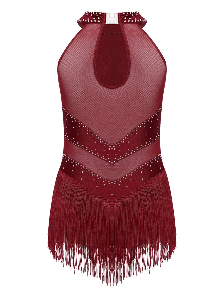 iiniim Vestido de Patinaje sobre Hielo para Niñas Maillot Baile Latino con Flecos y Brillante Pedrería Leotardo Gimnasia sin Mangas Vestido de Baile Salsa Cha Cha