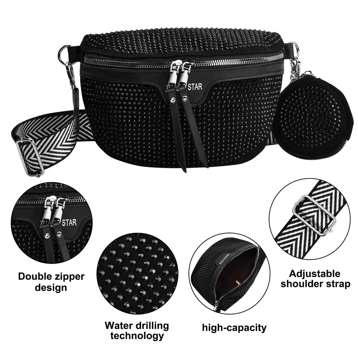 Riñoneras Mujer, Bolso Bandolera Mujer Negro, Riñonera Mujer Piel, Bolsa de Cinturón Moda, Bolso Bandolera Bolso de la Cintura, Bolso Mujer Bandolera para Viaje Trabajo Fiesta