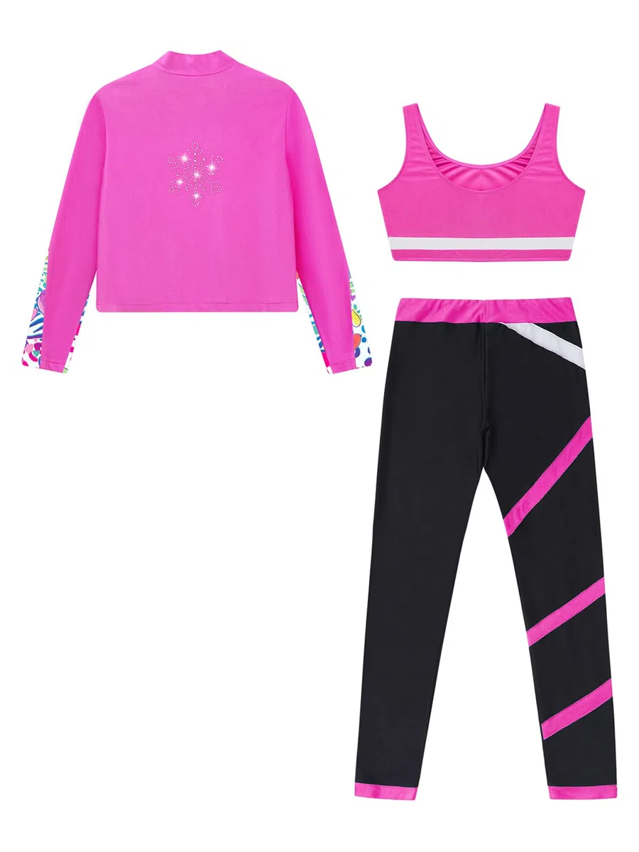 TiaoBug Conjunto Deportivo Para Niñas Chaqueta Manga Larga + Chaleco Sin Mangas + Leggings Traje De Gimnasia Rítmica Entrenamiento Rosa caliente 5-6 años