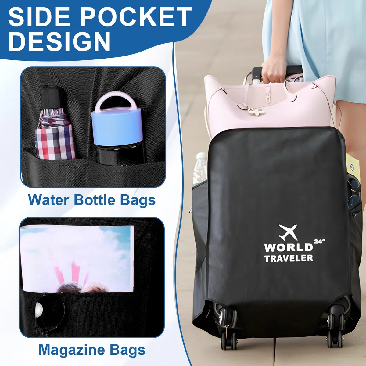 Funda Maleta, Fundas Maletas de Viaje, Protectora de Equipaje de Viaje con Bolsillo, Impermeables Cubreequipajes Cover, Lavable, Reutilizable, Negra, 2 Piezas (20inch+24inch)