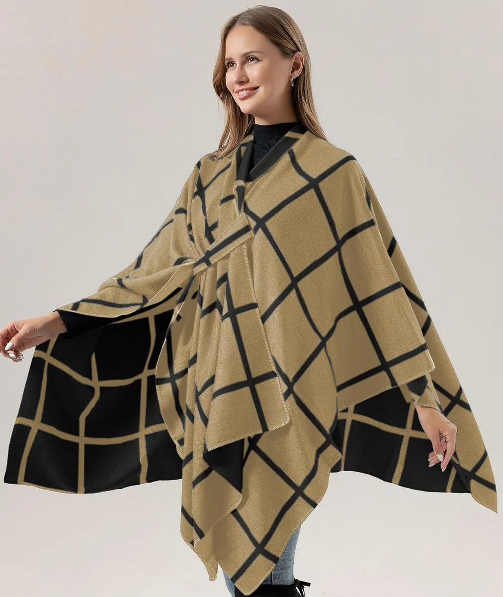 Poncho Abierto Punto Mujer Elegante Capa Grande Invierno Chal Cardigan Tartán Patrón Bufanda Manta Caliente