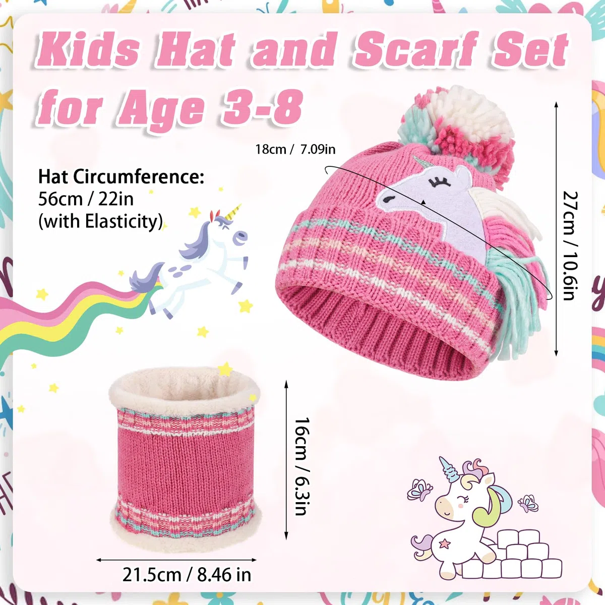QKURT Conjunto de gorro y bufanda de invierno para niños, suave y cómodo gorro de punto, calentador de cuello, gorro de bola esponjoso, forro polar suave, manoplas para niños de 3 a 8 años