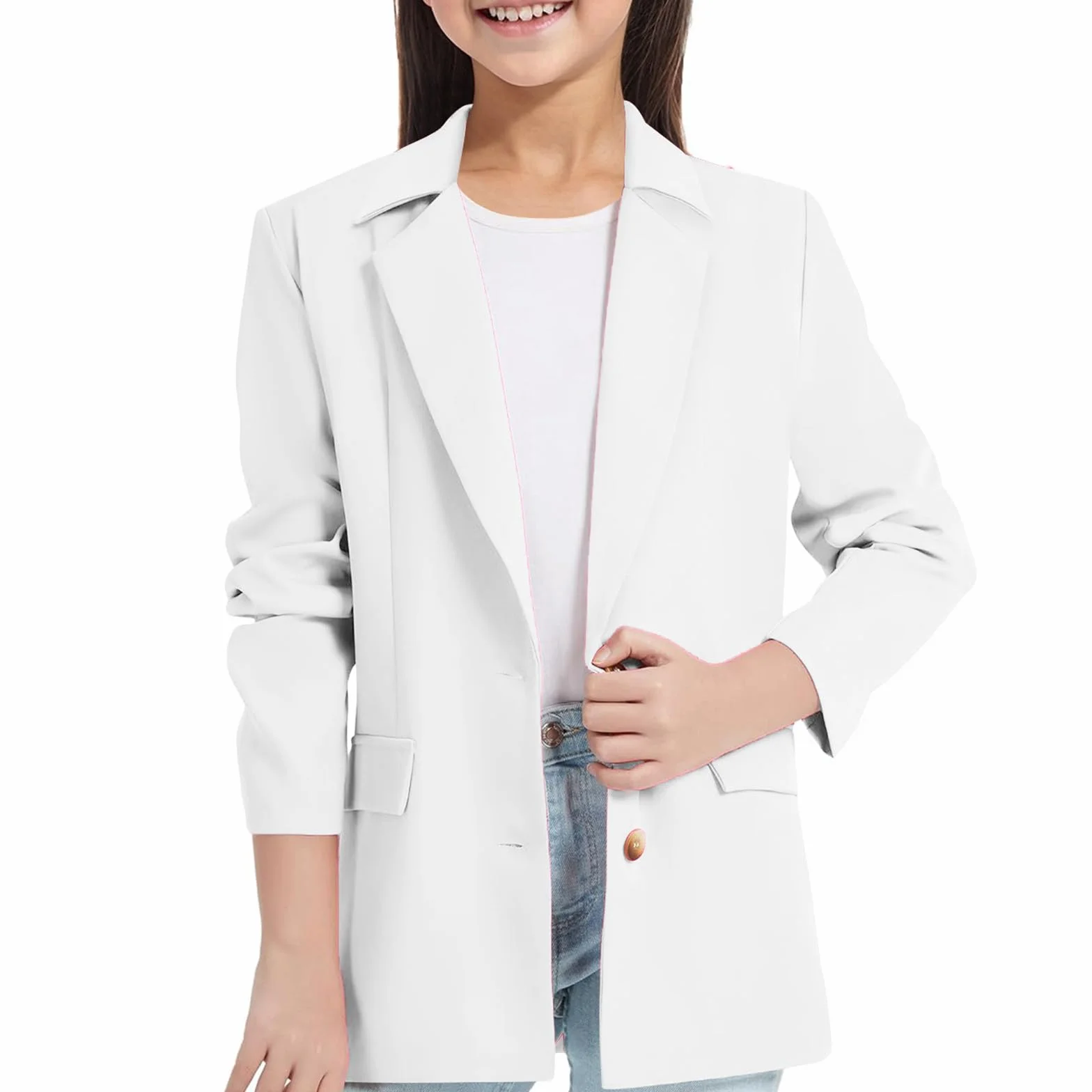 Camisa Corbata Niña Manga Larga Cuello de Solapa con Bolsillo Interior Frente Abierto Traje Americano Casual para Niños Camisas Largas Niñas