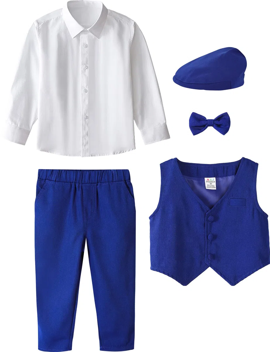 mintgreen Bebé Niños Traje 4pcs Boda Camisa + Pantalones + Chaleco + Pajarita + Gorra Conjuntos 1-4 Años