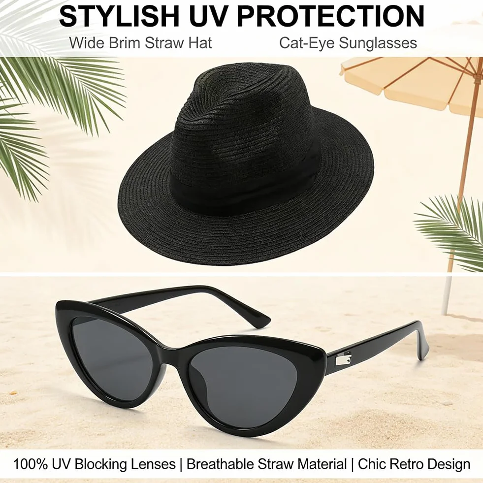 Set Sombrero Panama de Paja de ala Ancha y Gafas de Sol para Mujer, Sombrero de Playa Plegable, Gafas de Sol UV400 Retro para Viaje, Verano y Exterior, Negro