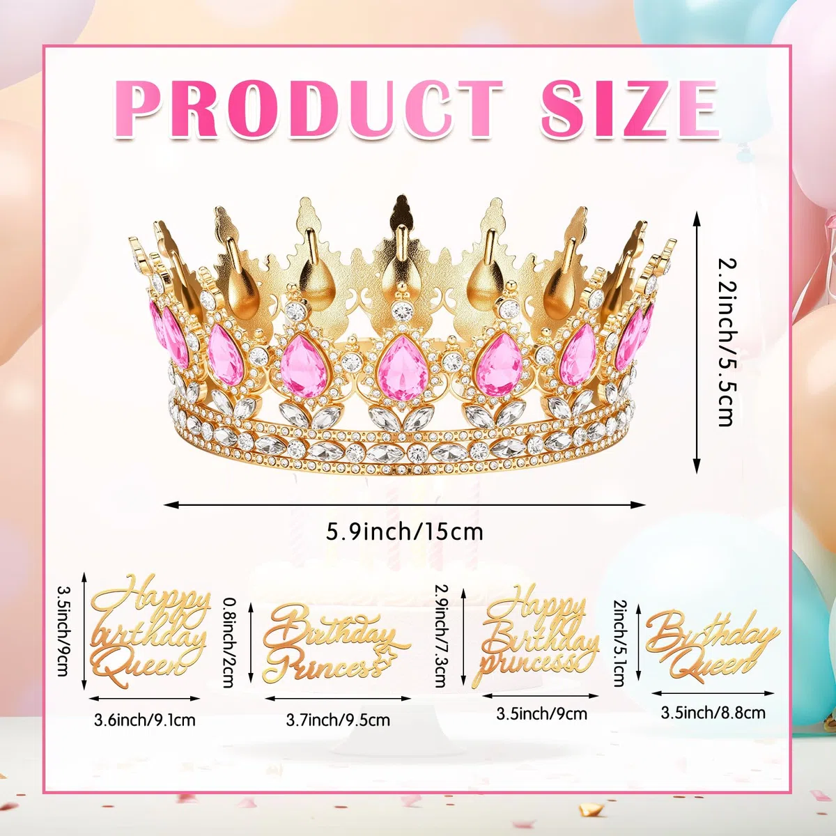 Corona de Cumpleaños para Tartas para Mujeres y Niñas Corona de Princesa Reina Tiara de Cumpleaños para Pastel con 4 Decoración para Tartas de Happy Birthday Queen Princess