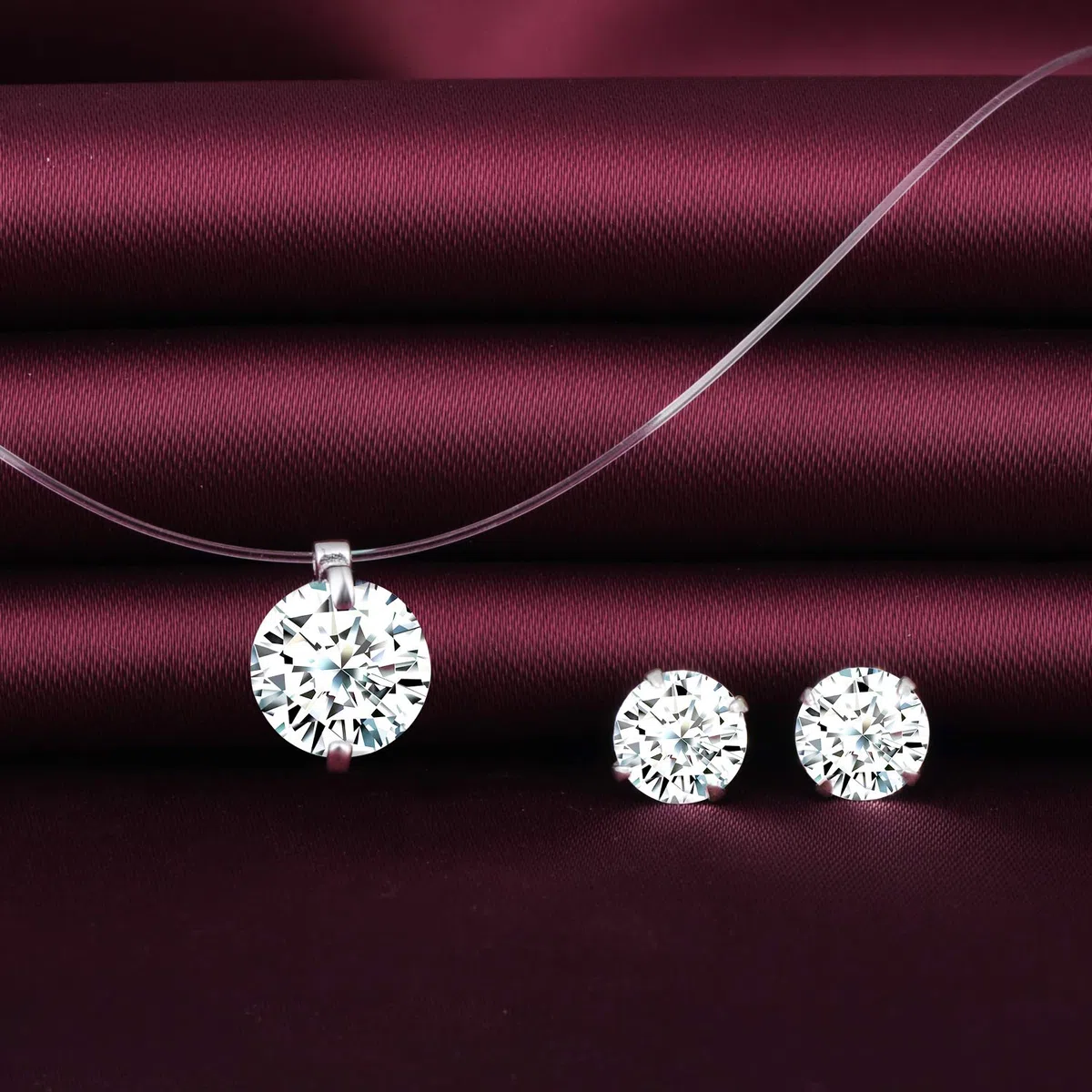 Yumilok Conjuntos de Joyas de Diamantes, Collar de Gargantilla con Hilo de Pescar Invisible, Gargantilla para Mujer, Pendientes de Diamantes, en Plata 925