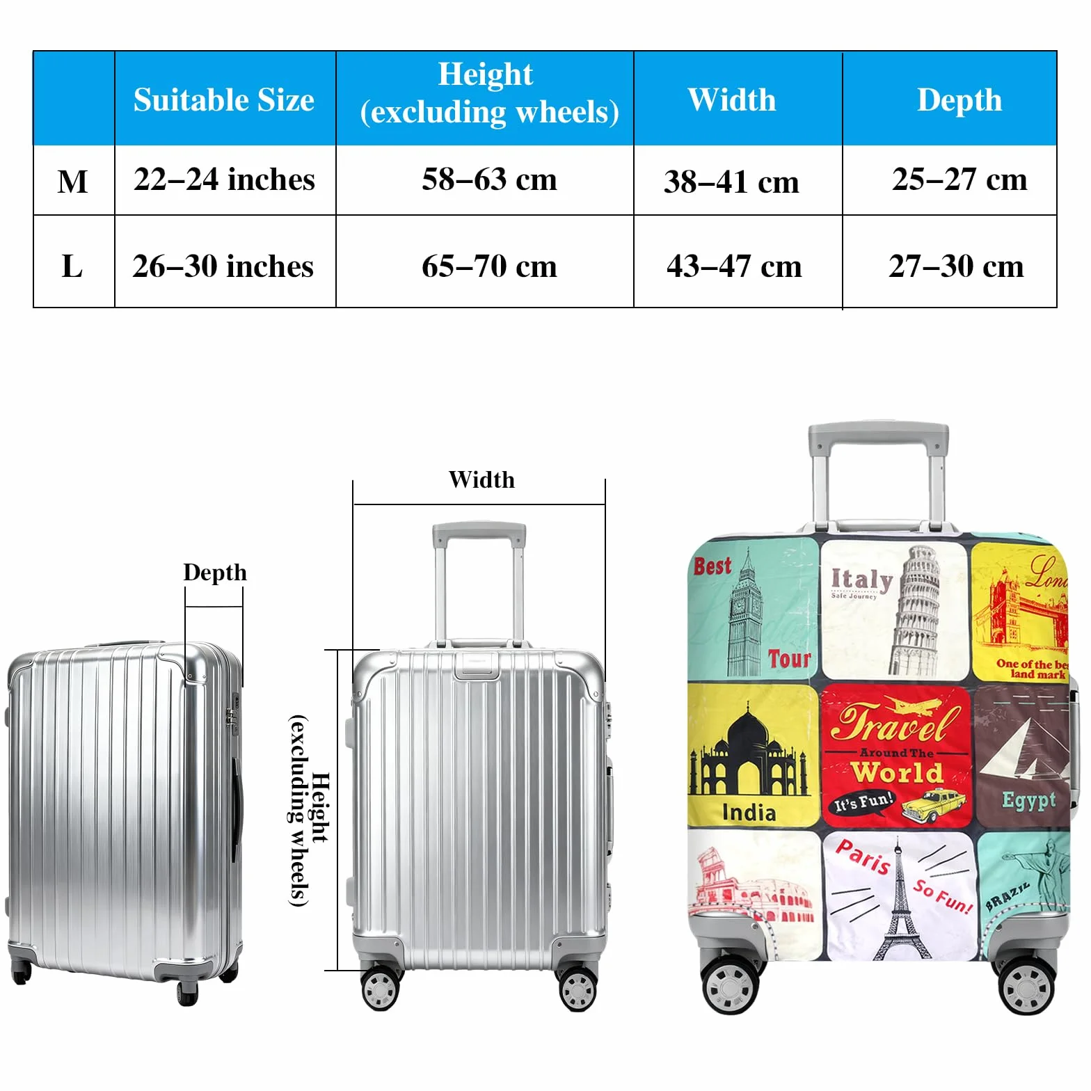 VOSSOT Funda protectora para maleta, elástica, resistente al polvo y a los arañazos, lavable, reutilizable, funda de maleta, funda protectora para maleta, funda de equipaje de 26 a 30 pulgadas