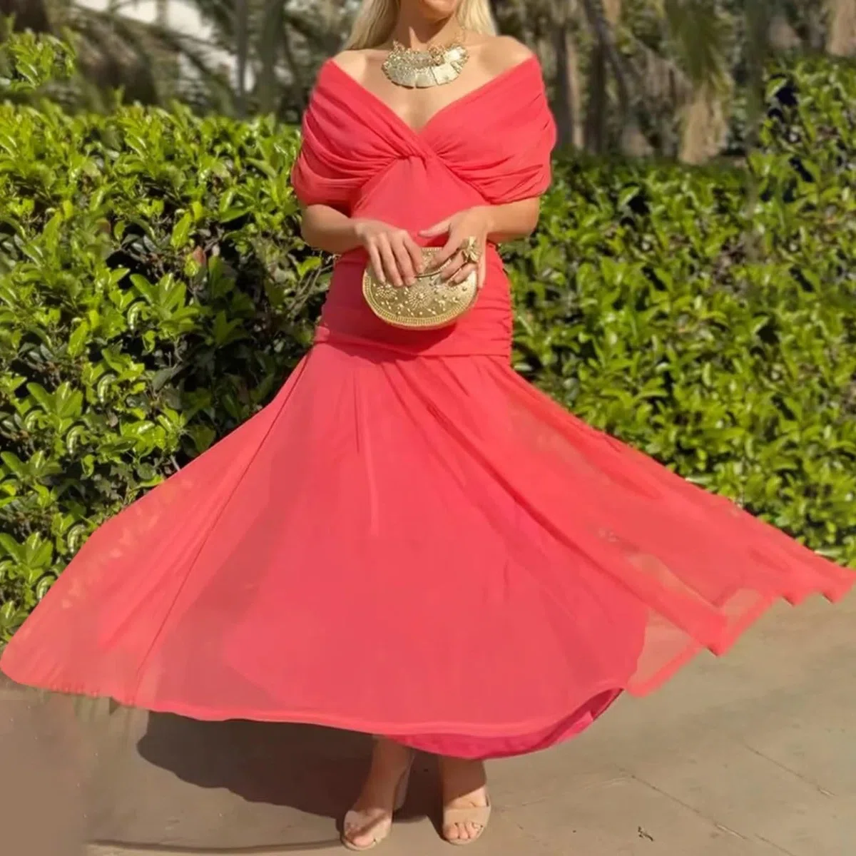 Vestido largo de gasa con hombros descubiertos para mujer, cuello en V profundo, manga corta, cintura fruncida, fluido, elegante, para fiesta de noche, cóctel, formal, vestido de invitada de boda