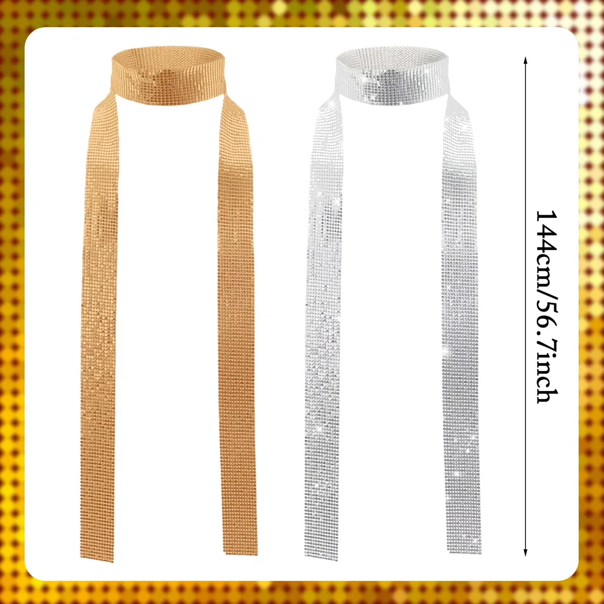 2 Piezas Plata Oro Rosa Pañuelo de Metal Brillante con Lentejuelas para Mujer, Pañuelo Carnaval Fiesta Festivales Bufanda Corbata Decorativo Delgado Disfraces de Discoteca para Cosplay