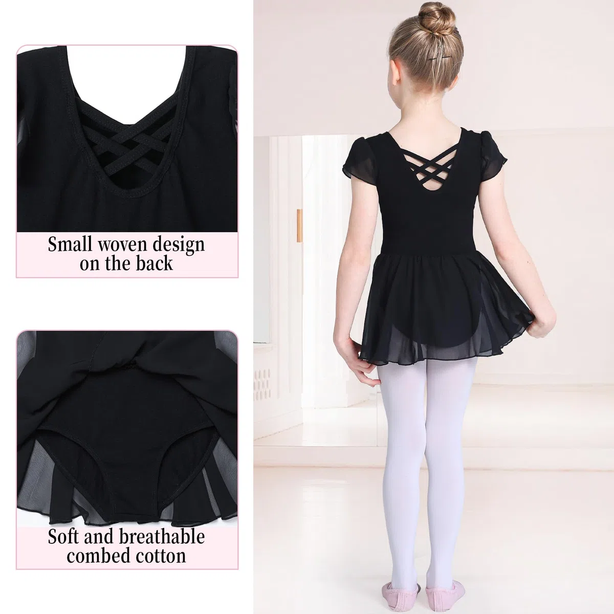 Mallot de Ballet/Danza Niña de Manga Corta Tirantes Cruzados Maillot Ballet de Los NiñOs de AlgodóN Ballet Traje de Gimnasia Leotardo con Falda 2-11 AñOs