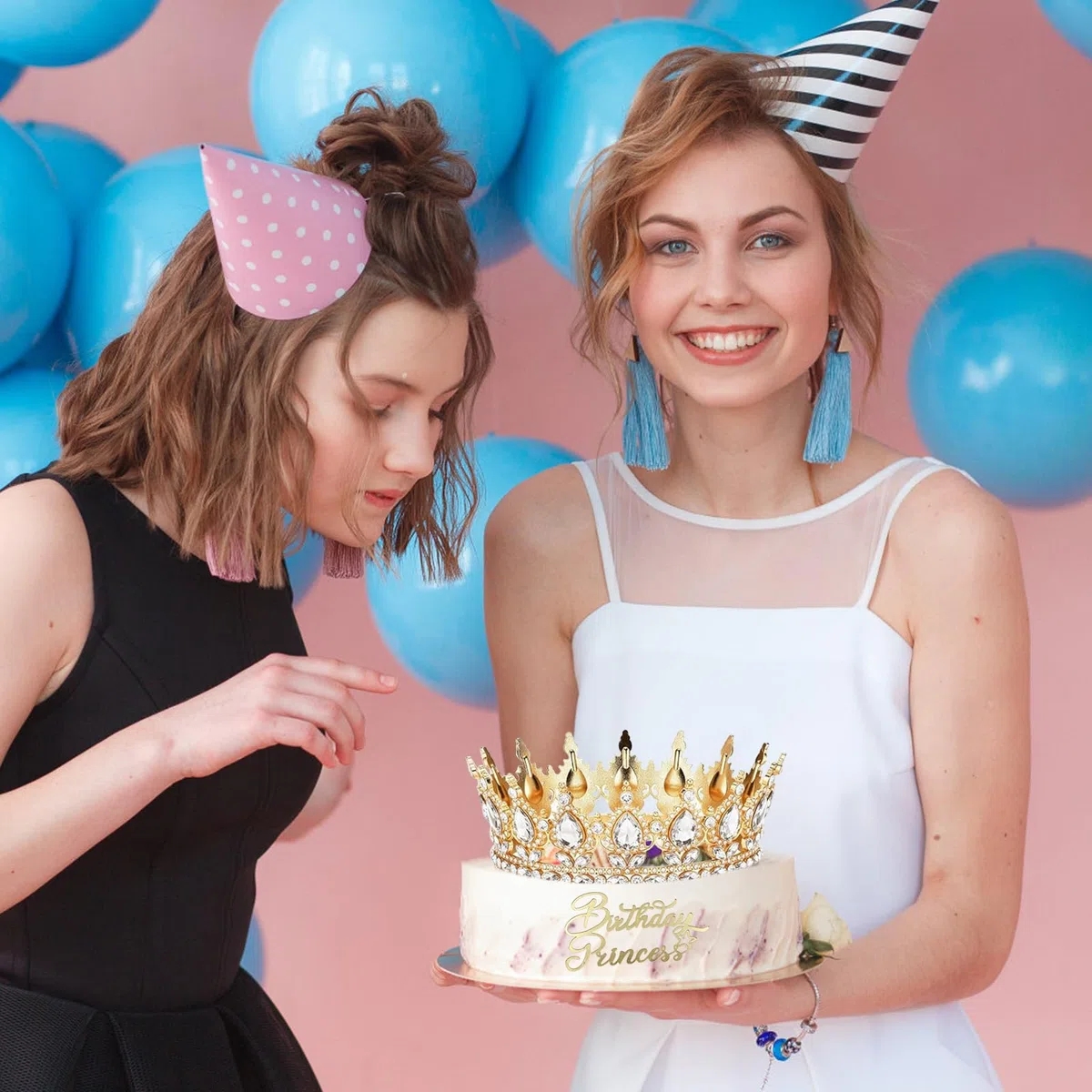 OMJMYY Corona Reina Corona de Cumpleaños Corona de Princesa Tiara Redonda con 4 Decoraciones para Pastel de Feliz Cumpleaños para Cumpleaños, Fiesta de Princesa, Disfraces