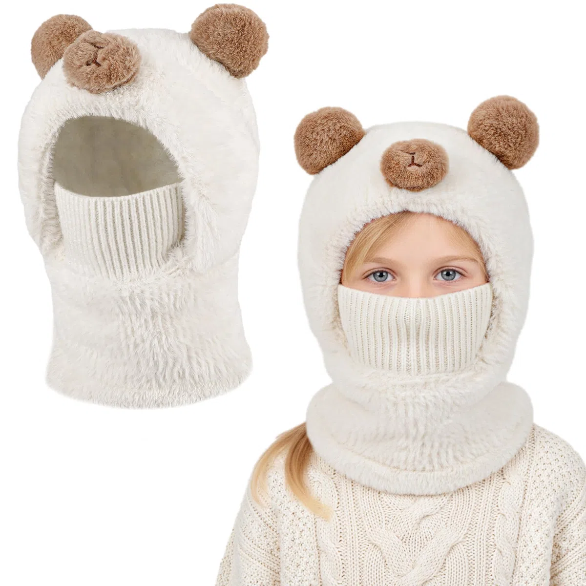Pasamontañas Termico de Invierno para Niño Niña Bebés, Gorro de Polar Cálido Antiviento con Orejas de Oso, Sombreros con Suave Bufanda Calentador de Cuello 1-6 Años