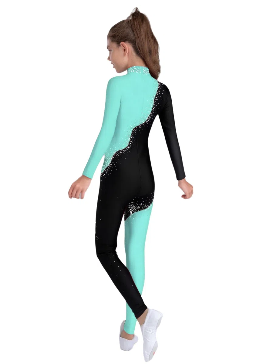 Alvivi Mono Largo de Gimnasia Rítmica para Niñas con Brillantes Maillot de Baile Mono Patinaje Artístico de Competición Ropa de Deportiva 5-16 Años