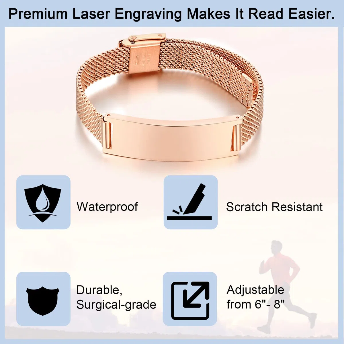 VNOX Personalizable Pulseras para Hombres Médica : Mujeres y Niños, Ajustable, Acero Inoxidable, Pulsera de Identificación Médica de Emergencia, Grabado Pulseras, Negro, Plata, Rosa