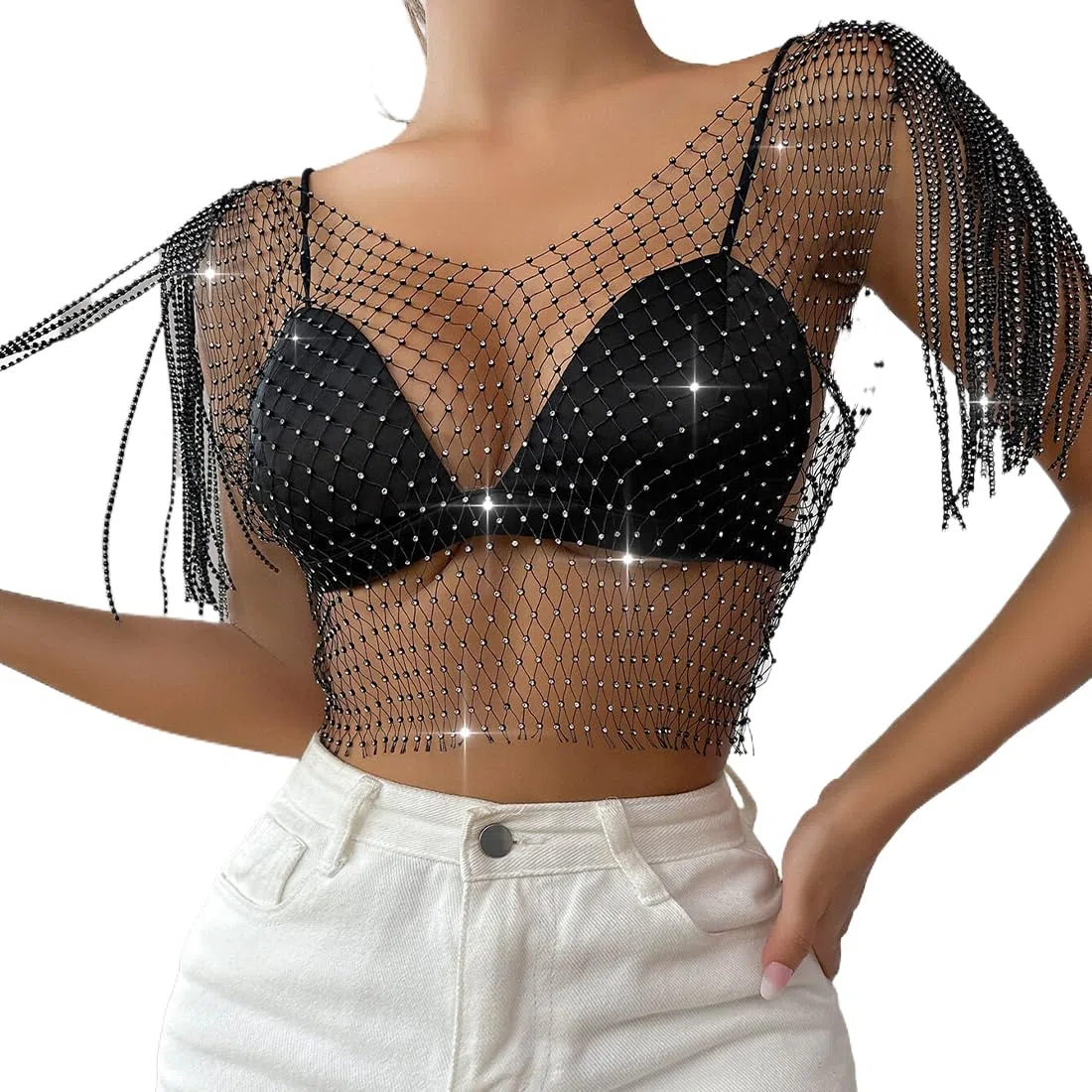 Cadena de cuerpo de malla de cristal hueco con diamantes de imitación negros, joyería corporal brillante, accesorios para el cuerpo para mujeres, niñas, discotecas, festivales