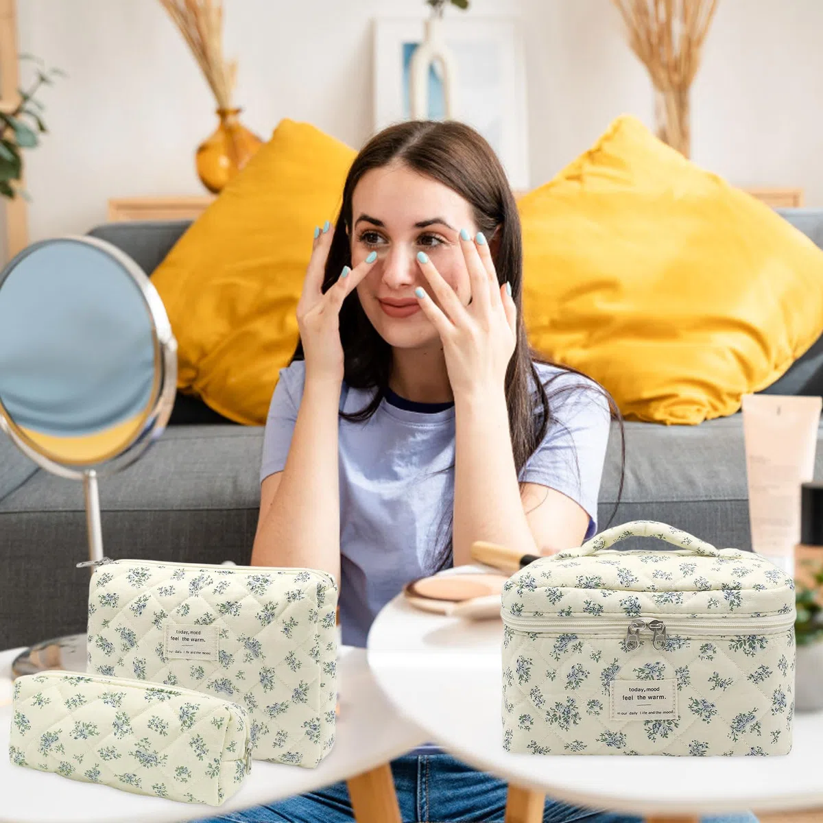 3 Piezas Neceser Mujer con Estampado de Flores, Neceser Viaje Mujer de Algodón, Neceser Mujer Maquillaje, Neceser de Viaj, Neceser Mujeres Grande para Mujeres y Niña (Flores Azules)